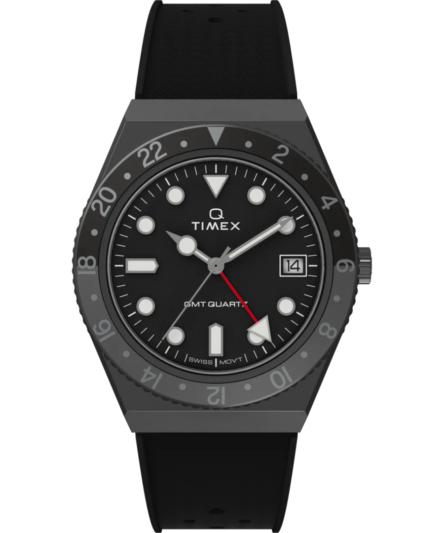 Q Timex GMT 38mm Synthetic Rubber Strap Watch