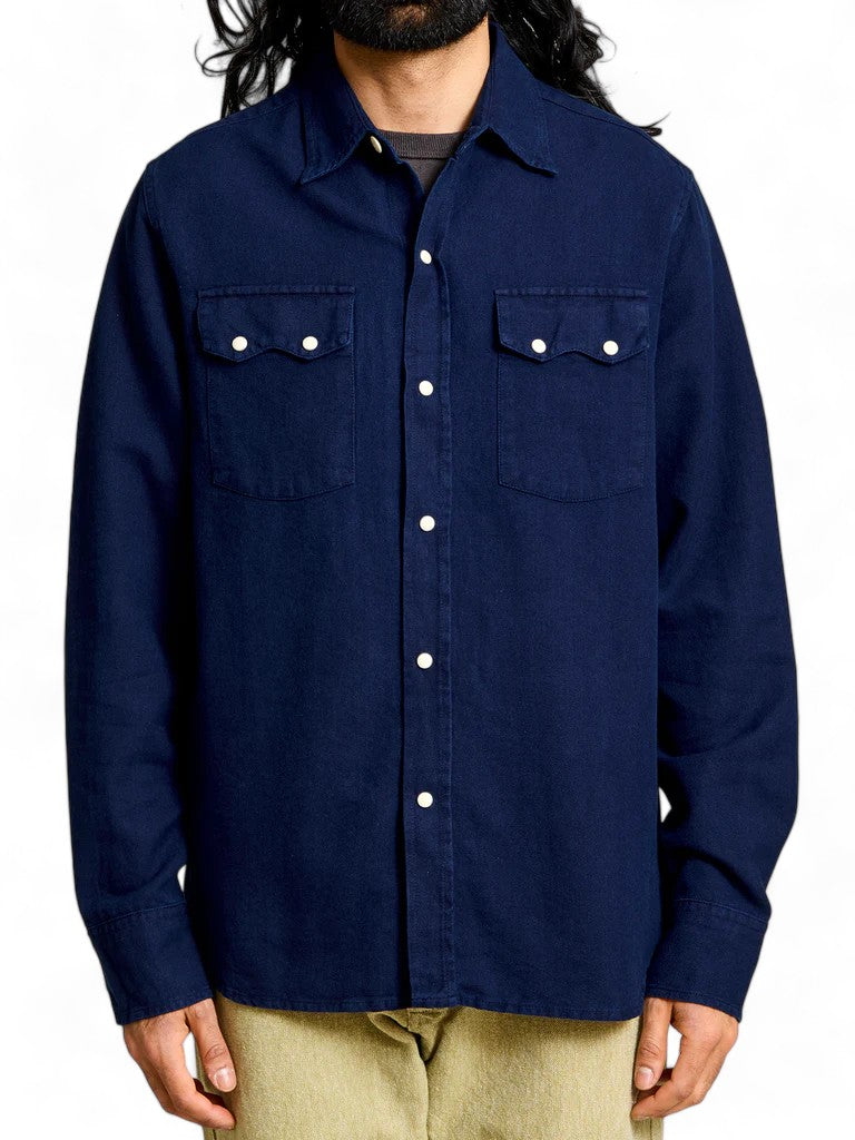 INDIGO DYED SATEEN PEARLSNAP SHIRT